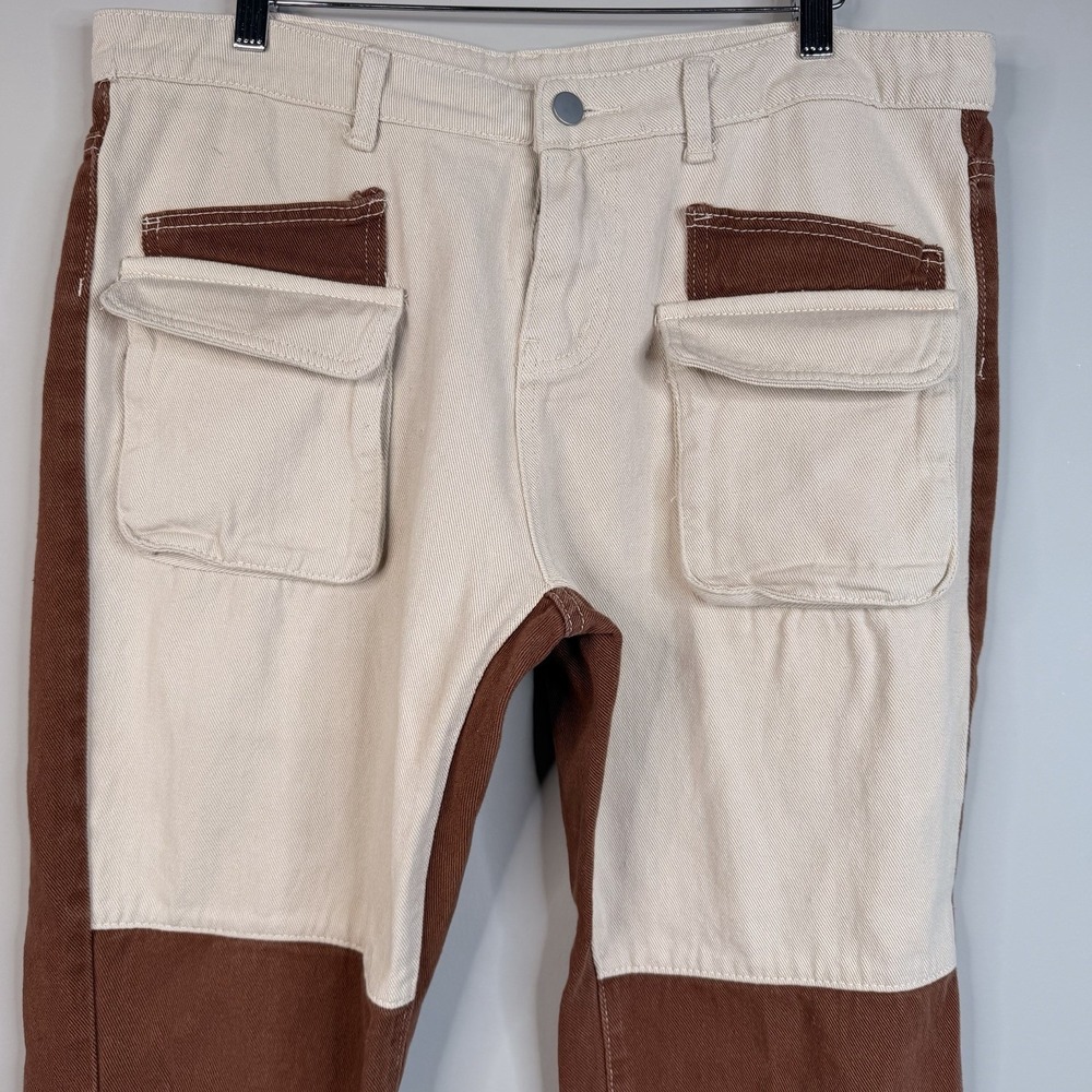 Unisex Ultra High Waisted Patched Denim Dad Jean Brown/beige Size 36X28 - Picture 6 of 16